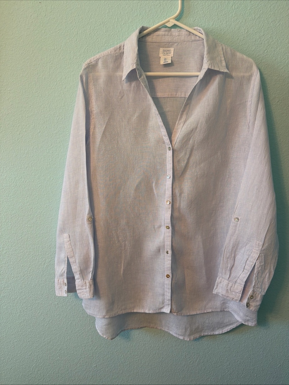 Sigrid Olsen 100% Linen Blue and White Striped Button-Down Shirt - Women's L